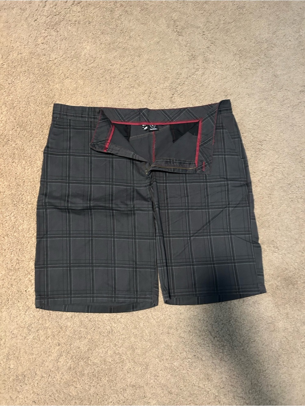 burnside Black Plaid Shorts with Red Trim